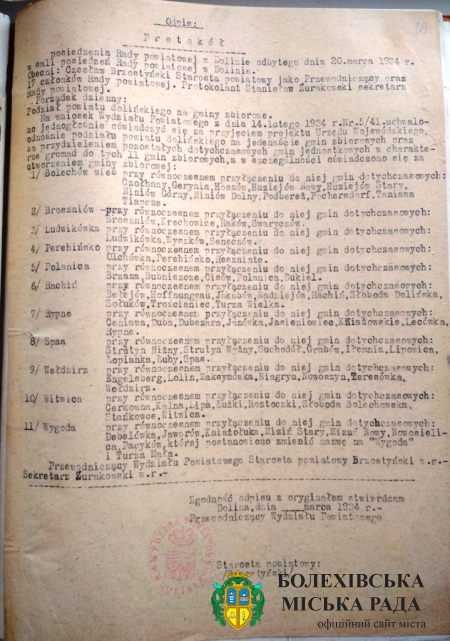 . Протокол засідання повітової Ради в Долині від 20 березня 1934 року. Джерело: ДАІФО&#44; ф. 2&#44; оп. 7&#44; спр. 891&#44; арк. 29.