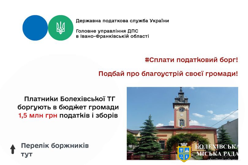 Платники Болехівської ТГ боргують в бюджет громади 1,5 млн. грн. податків і зборів